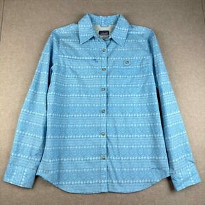 Patagonia Women XS Blue Geometric Button Up Shirt Idaho Angler Boise‎ Fishing